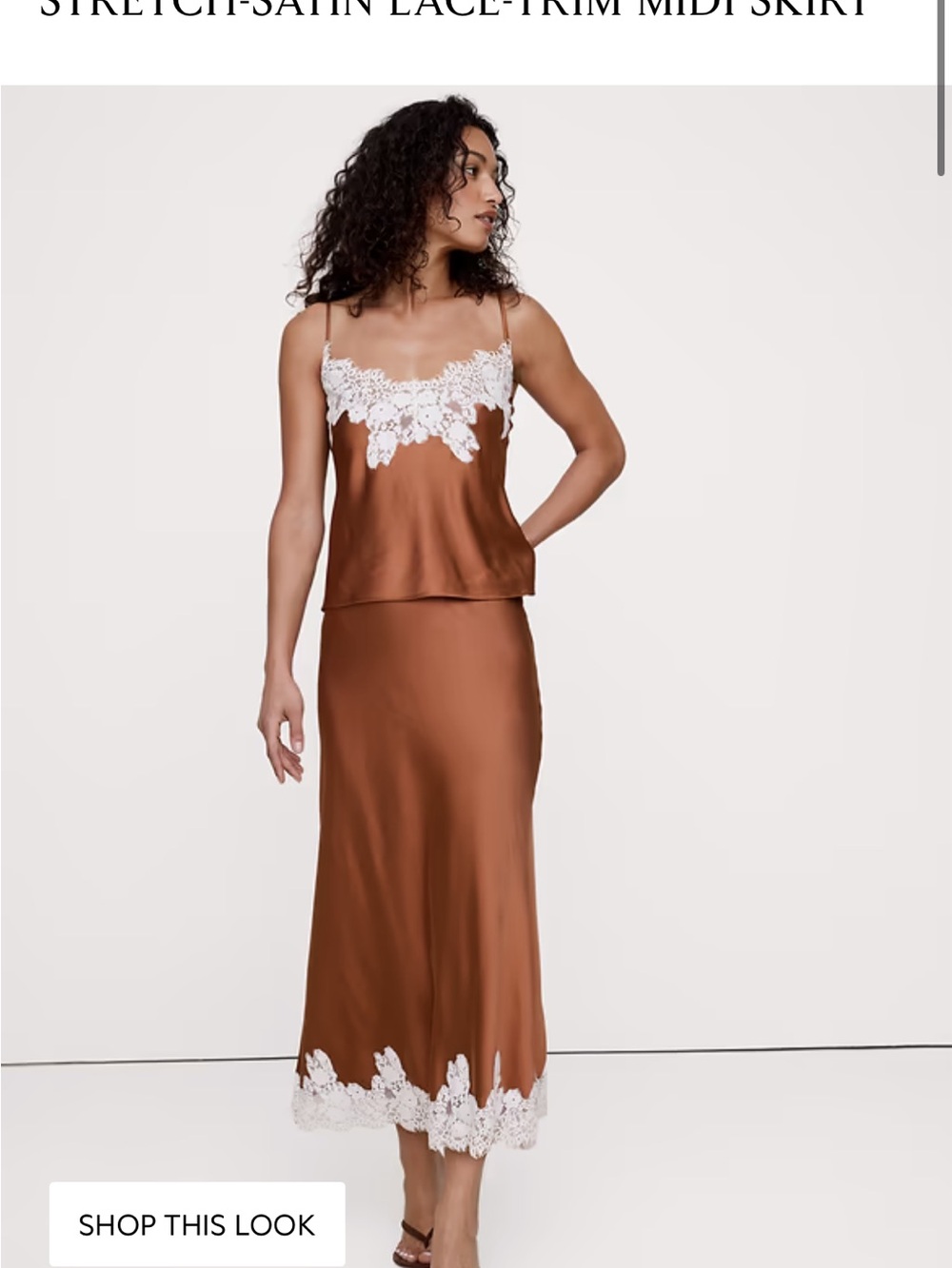 Banana Republic Stretch-Satin Lace-Trim Cami & Midi Skirt Set in Burnt Cinnamon